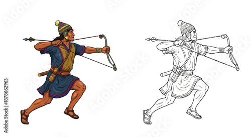 Historical Archer Sprinting with Longbow and Arrow Prepared for Swift Attack in Ancient War Scene