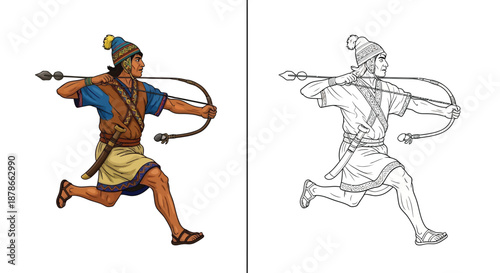 Ancient Archer Running in Dynamic Combat Pose with Bow and Arrow Ready for Tactical Battle Strike