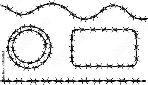 Barbed wire frames and borders illustration, security warning design elements, circular rectangular shapes isolated on white background vector clipart set