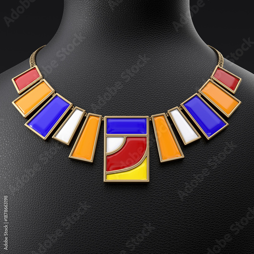Bild auf Leinwand An unusual bronze and enamel necklace on a leather stand in the shape of a bust