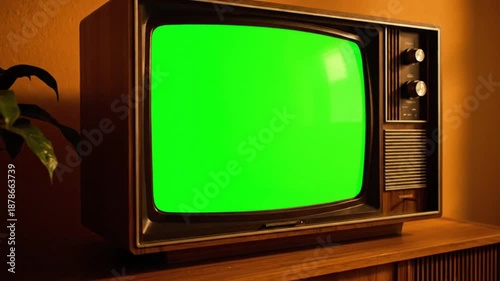 Retro TV with tv green screen on a wooden entertainment center