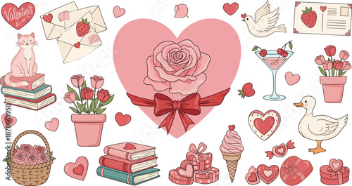 Valentine s day themed illustrations with hearts flowers and gifts