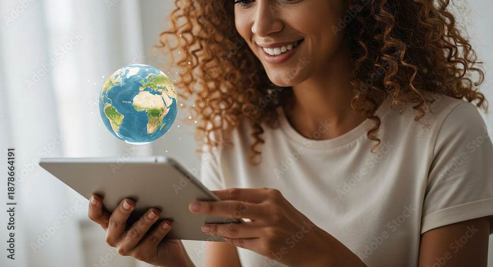 Fototapeta premium Woman using tablet to interact with digital globe in a bright indoor setting