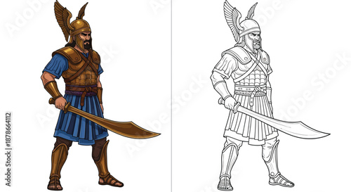 Greek Warrior Soldier with Spear Detail Comparison for Coloring Book Page and Educational Art