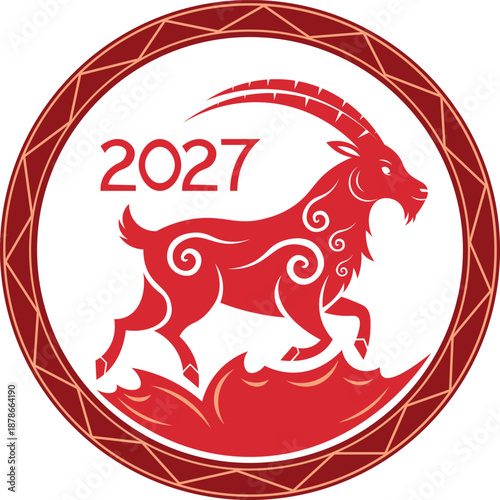 Logo red goat with decorative ornament. Geometric frame. Chinese zodiac art. Vector. Year of the Goat. Fire Goat 2027. Ornament red fire goat. New Year 2027. Prints, posters, cards, calendars, banners