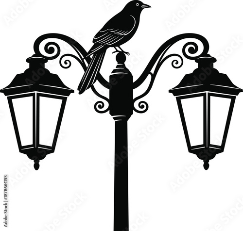 Black and white street lamp with bird silhouette illustration, vintage outdoor lantern design, elegant urban lighting artwork for park decor, branding, posters, wall art