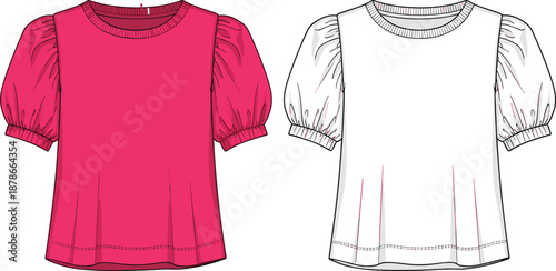 Women Fashion Puff Short Sleeve Crew Neck Blouse Vector Illustration Set with Pleated Detail in Pink and White Technical Drawing