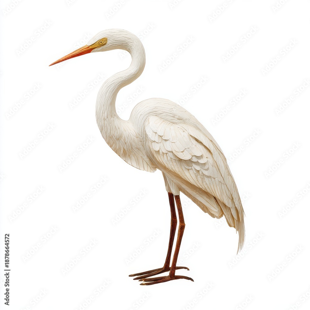Fototapeta premium Elegant Great Egret Bird Standing Gracefully Against a White Background Detailed Feathers and Orange Beak
