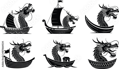 Dragon boat silhouettes collection, mythological Asian sea dragon ships illustration, traditional fantasy sailing vessels isolated on white background vector art