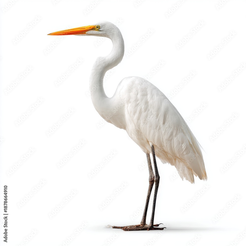 Fototapeta premium Elegant White Egret Standing Still Against a Clean White Background Detailed Feathers