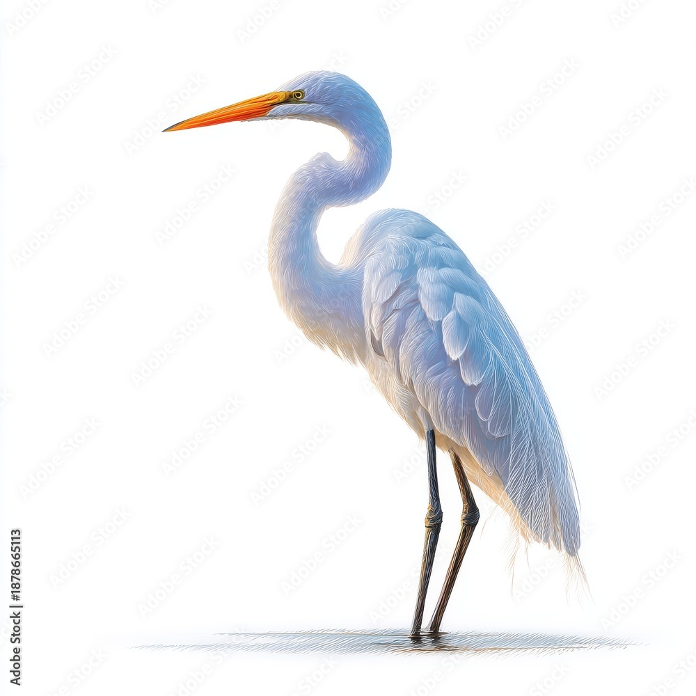 Fototapeta premium Great Egret Bird Standing White Background Soft Light Orange Beak Detailed Feathers