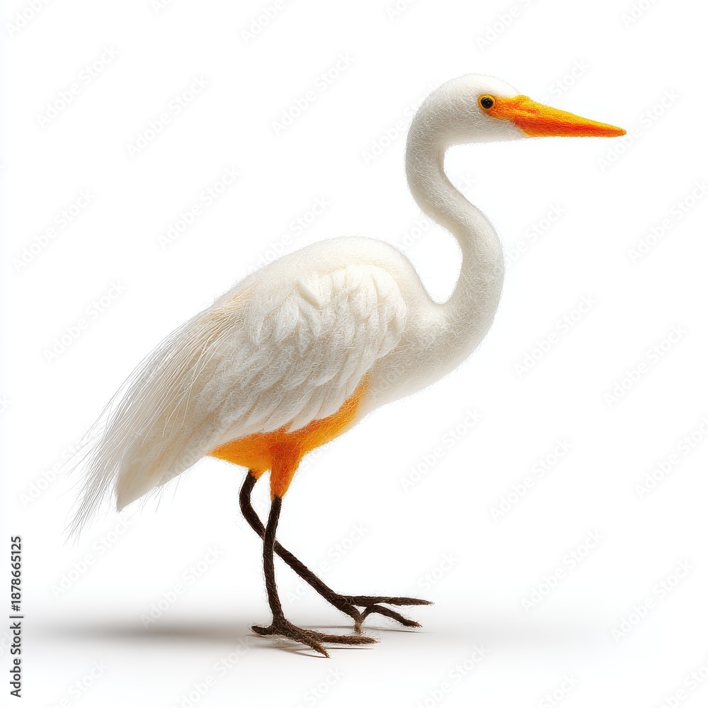 Obraz premium Great Egret Bird White Feathers Orange Beak Standing Isolated White Background Studio Shot