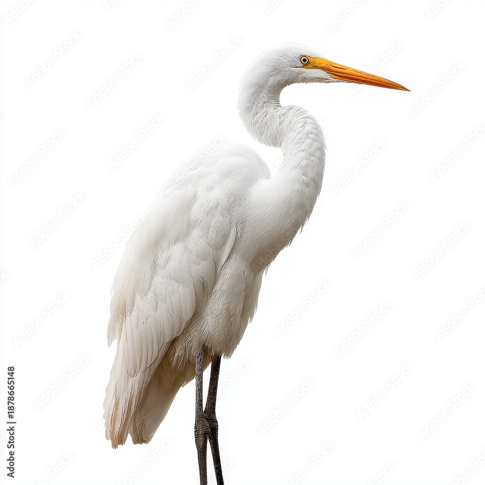 Fototapeta premium Great Egret Standing Against White Background Elegant Bird With Long Neck and Orange Beak