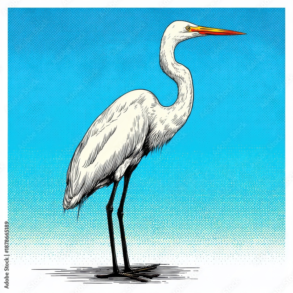 Fototapeta premium Great Egret Standing In Shallow Water With Bright Blue Sky Background