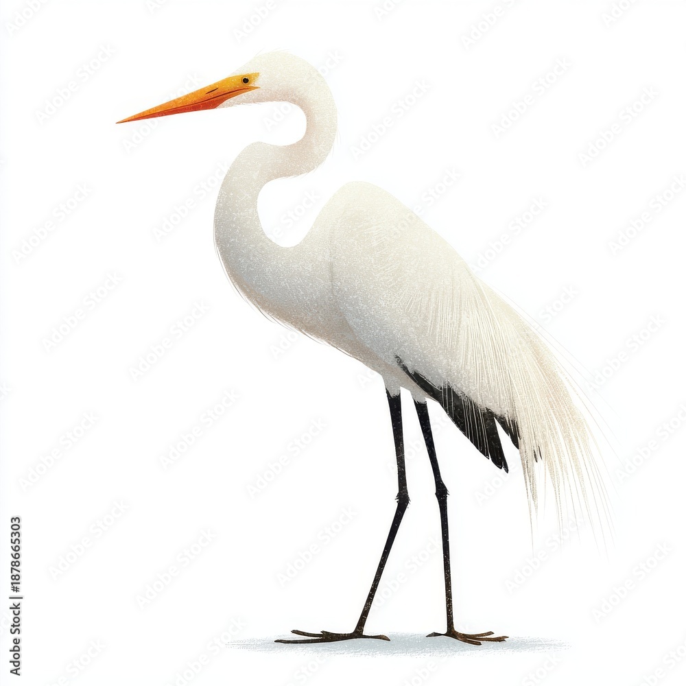 Fototapeta premium Great Egret Standing White Elegant Bird With Orange Beak Long Legs Detailed Feather Texture Isolated White Background
