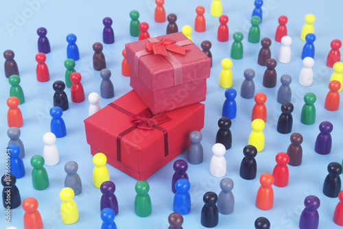 Photos Two red gift boxes and many people figures on blue background