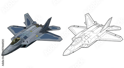 F 22 Raptor Stealth Fighter Jet Illustration in Full Color and Detailed Technical Line Art