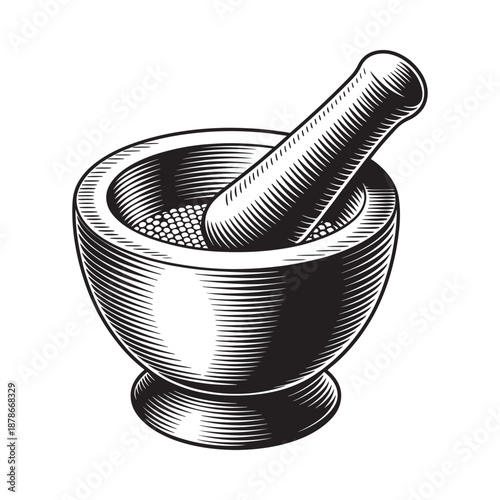 Vintage engraving of a mortar and pestle used for grinding materials