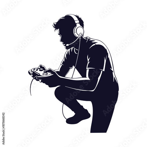 Gamer Man with Headphones and Controller Silhouette Vector Illustration