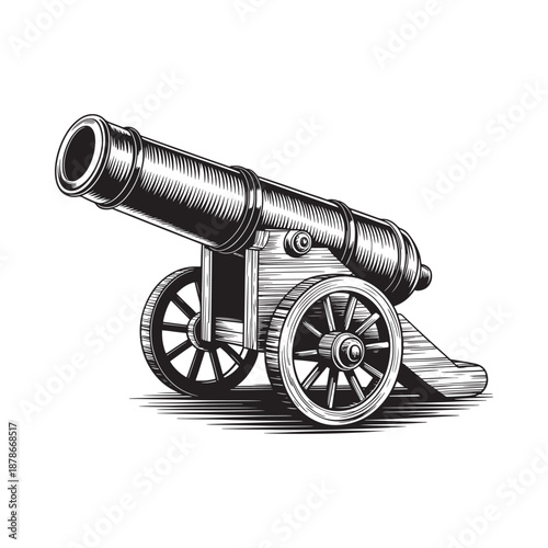 Vintage cannon illustration on a white background detailed engraving style