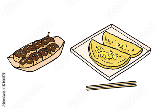 たこ焼きとイカ焼きの手描きイラスト