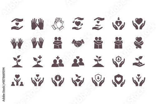 Charity and community icon set, human hands holding heart and growing plants, concept of empathy, support, volunteering, and social care, flat vector silhouette symbols 