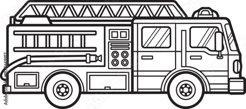 Fire Engine Illustration: A detailed line drawing of a fire engine, a symbol of courage and readiness, ready to respond to any emergency.