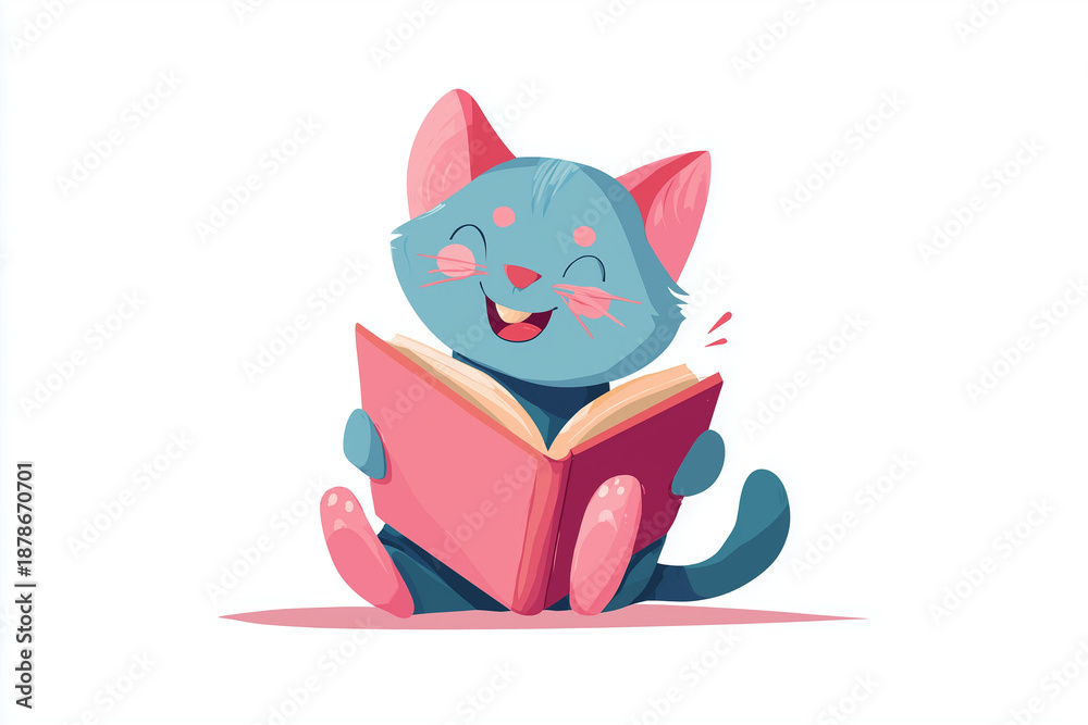 Fototapeta premium Cute cartoon kitten with pink ears and paws happily reading a colorful book, perfect for children’s stories, education, or playful learning themes.