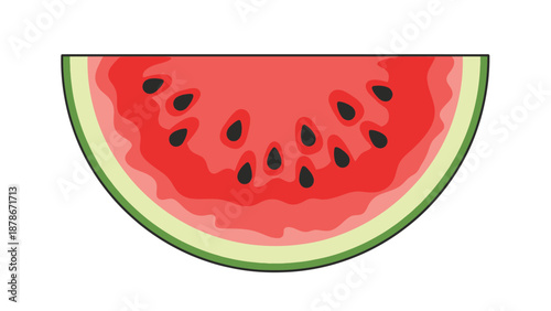 Simple vector illustration displaying a freshly cut slice of juicy red watermelon featuring numerous distinct black seeds