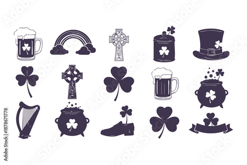 St. Patrick's Day Good Luck Symbols Icon Set. Shamrock, Horseshoe, Pot of Gold, Rainbow, and Lucky Seven Dice in Flat Silhouette Style