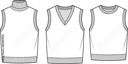 Flat vector illustration of sleeveless sweaters with turtleneck, V-neck, crew neck design, fashion template, apparel sketch, garment outline