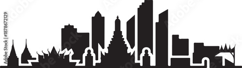 Bangkok skyline illustration with famous landmark buildings and temple silhouettes