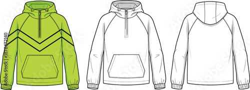 Flat vector illustration of hooded pullover jacket front, back, technical view, fashion template, kangaroo pocket, chevron stripe, apparel sketch