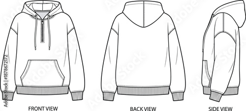 Flat vector illustration of hooded sweatshirt front, back, side view, fashion template, kangaroo pocket, drawstring hood, apparel sketch