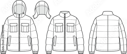 Flat vector illustration of puffer jacket front, back, hood view, fashion template, quilted design, apparel sketch, garment details