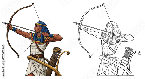 Egyptian Warrior Archer in Traditional Attire Illustration with Color and Line Art Versions