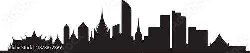 Bangkok skyline illustration with famous landmark buildings and temple silhouettes