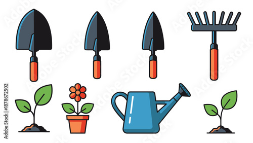 Collection of essential gardening tools and potted plant elements including trowels a rake a watering can and a small seedling icon