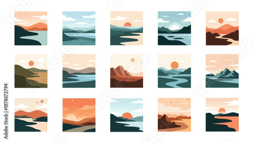 Collection of fifteen minimalist landscape art prints featuring diverse scenes of serene rivers lakes mountains and colorful sunsets or sunrises