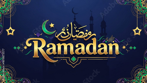 Ramadan Kareem greeting design with Arabic calligraphy crescent moon stars and mosque silhouette for Islamic celebrations and Iftar invitati