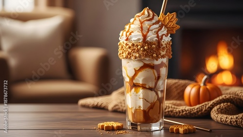 Autumn-inspired milkshake with warm tones, cozy background