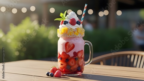 Seasonal summer milkshake with bright colors, outdoor light feel