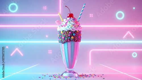 Milkshake with neon pastel background, trendy social media style