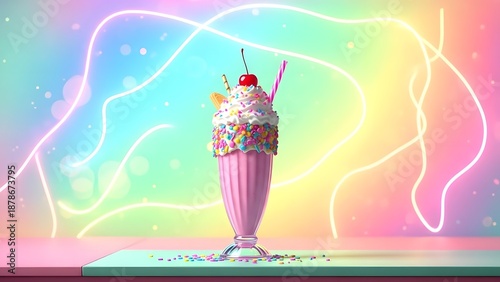 Milkshake with neon pastel background, trendy social media style