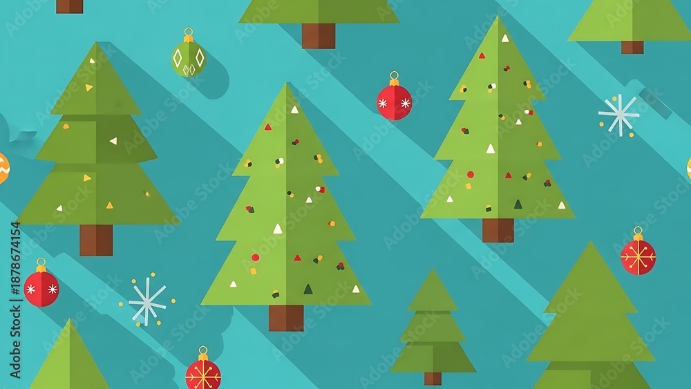 Obraz premium Festive Christmas Trees with Ornaments and Snowflakes on Bright Blue Background