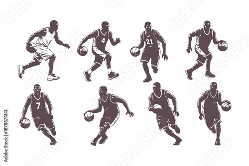 Basketball Player Dribbling Vector Set. Vintage Style Athletic Silhouettes and Sport Action Poses for Jersey Design and Team Branding