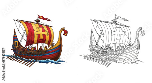 Medieval Galley Coloring Page with Crusading Symbolism Rowers and Ancient Warship Line Art