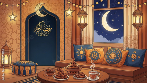 Cozy Ramadan living room scene with crescent moon lanterns and Arabic calligraphy perfect for Islamic holiday greetings and cultural themes