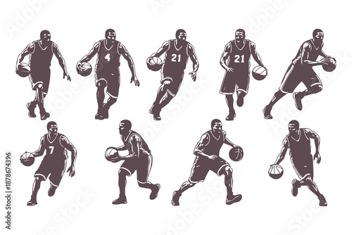 Basketball Player Dribbling Vector Set. Vintage Style Athletic Silhouettes and Sport Action Poses for Jersey Design and Team Branding