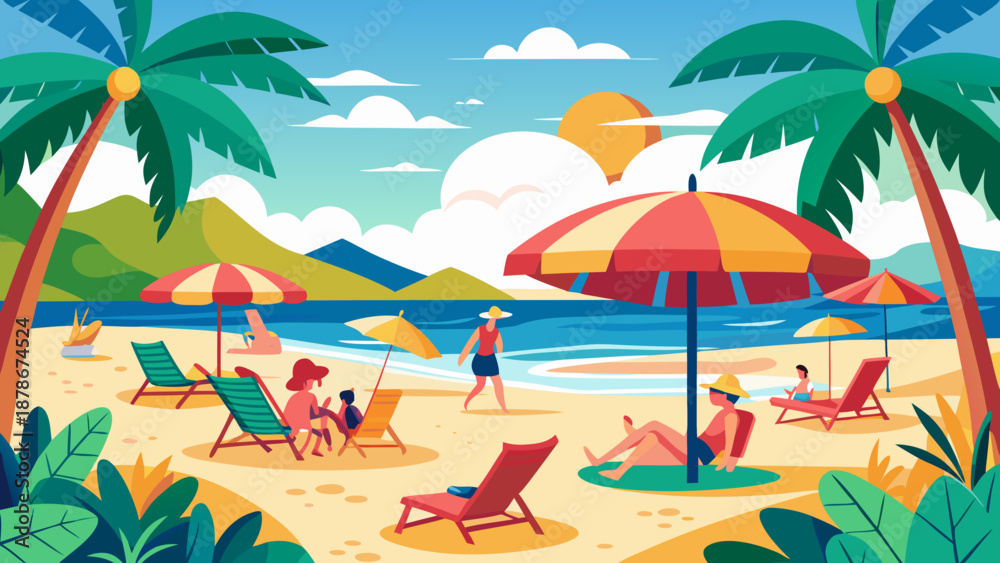 Obraz premium Summer Beach Vacation Illustration Tropical Seaside Holiday Scene